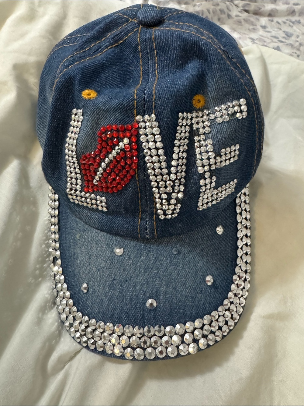 Denim Rhinestone 'LOVE' Cap with Red Lip Accent